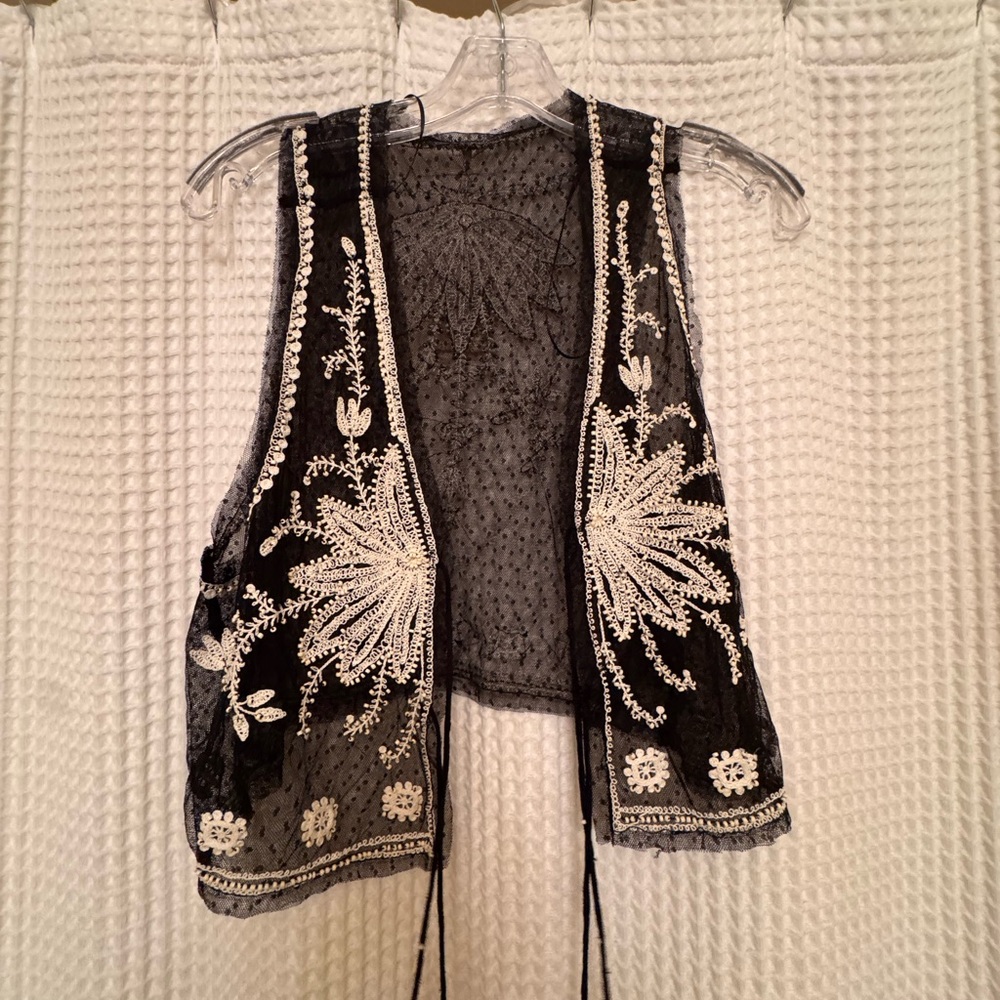 Free people Black Sheer Vest with White Embroidery by Black